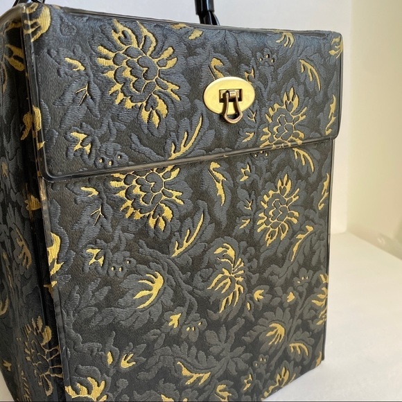 Vintage Hat Box Black & Gold Brocade Travel Bag - Picture 2 of 8